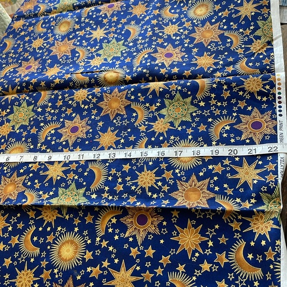 2 sewing fabric remnants, dark blue w/gold stars, moons; green/red/yellow swirl - Picture 2 of 6